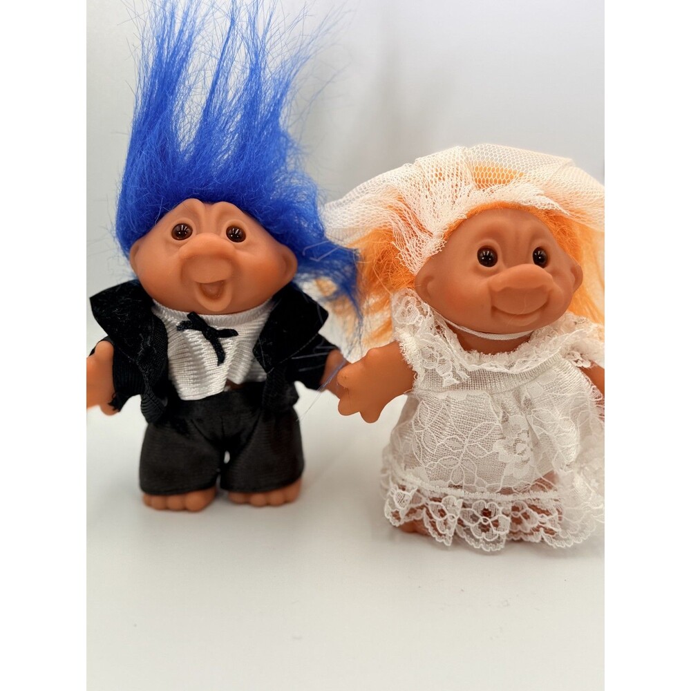 MINT Vintage DAM Troll Dolls Bride & Groom Wedding Set 1986 Blue Orange Hair 3"